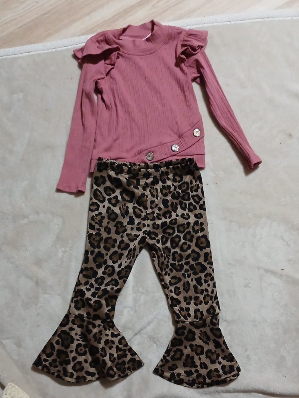 Bonnie Jean Pink Ruffle Top with Leopard Print Flare Pants